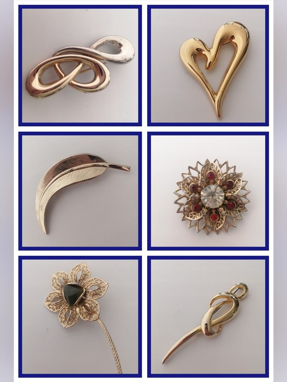 6pcs Vintage Goldtone Floral Heart Wimsical Classic Brooch Collection Lot Bundle